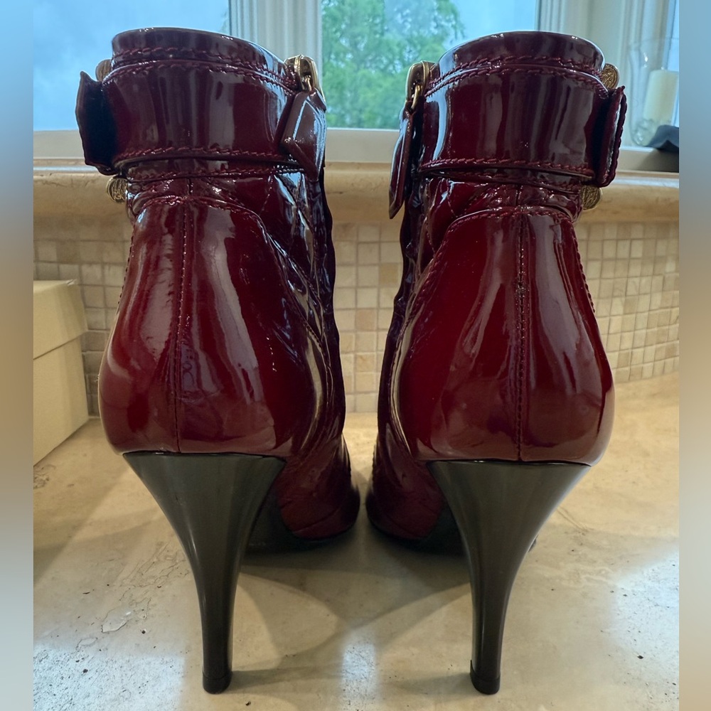 Burberry Berry Patent Leather 4 inch heel boots with decorative buckle. - Picture 3 of 5